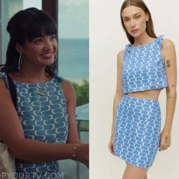 Reformation Farley 100% Linen pool side 2 pc set Blue White Patterned Skirt NWT - Picture 6 of 17